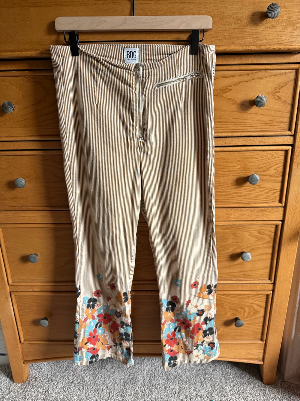 BDG Urban Outfitters Womens Striped Floral Bootcut Pants Sz W30 Tan Hippie Boho
